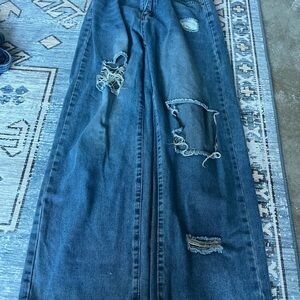 SHEIN Distressed Wide Leg Jeans in Deep Blue